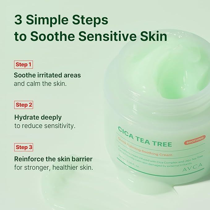 AVCA Quick Calming Cica Tea Tree Facial Cream for Comforted and Refreshed Skin 100ml/3.38Oz