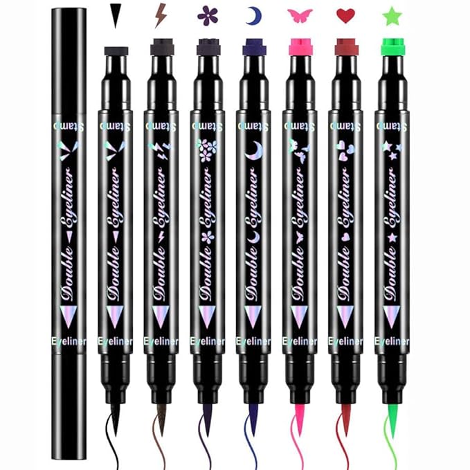 7Pcs Colored Liquid Eyeliners with Face Stamps – Black Brown Purple Blue Red Pink Green Star Flower Heart Moon Triangle Stamps for Cosplay & Gothic Makeup – Beginner-Friendly (multicolor-7Pcs-set01)