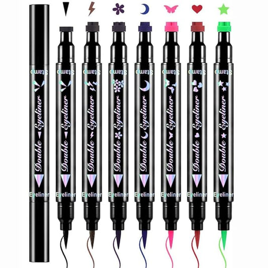 7Pcs Colored Liquid Eyeliners with Face Stamps – Black Brown Purple Blue Red Pink Green Star Flower Heart Moon Triangle Stamps for Cosplay & Gothic Makeup – Beginner-Friendly (multicolor-7Pcs-set01)