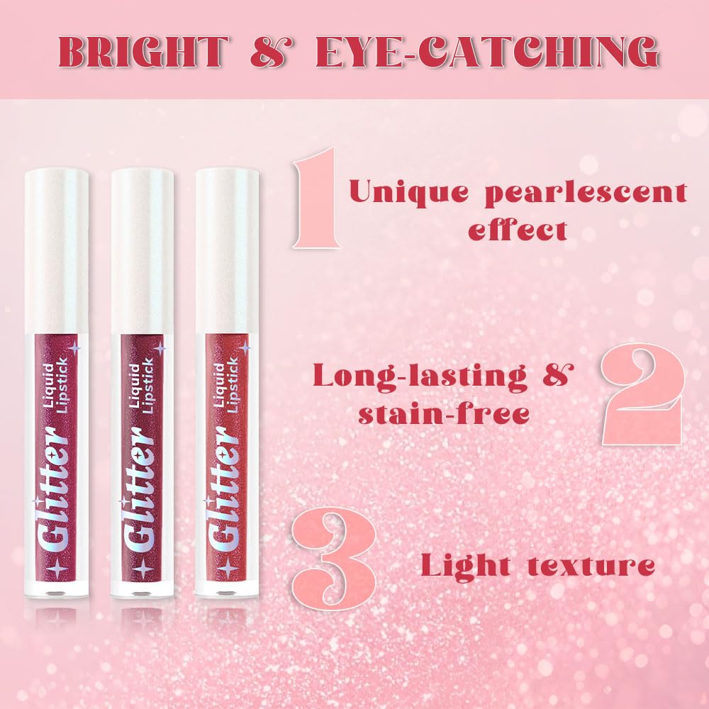 3Pcs Metallic Lipstick for Women,Lightweight Glitter Sparkling Liquid Lipsticks,Shimmer Lip Gloss Stain Long Lasting Waterproof Smudge Proof Non-Drying 24 Hour Full Coverage Lip Makeup,Vegan