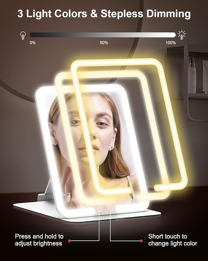 Gospire Travel Makeup Mirror with Lights and Magnification 10X, Portable Make Up Compact Tabletop with Adjustable Stand, 3 Colored Light Rechargeable Lighted LED Cosmetic Vanity- White