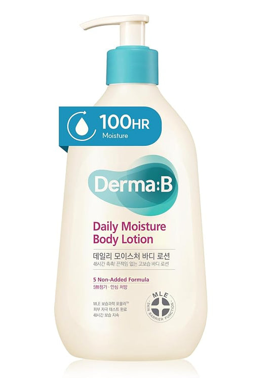 Derma B | Daily Moisture Body Lotion | Body Cream for Dry Skin | Long-Lasting Body Moisturizer for Sensitive Skin | Woody & Powdery Scented | Skincare with Panthenol, Shea Butter | 13.5 fl oz (400ml)