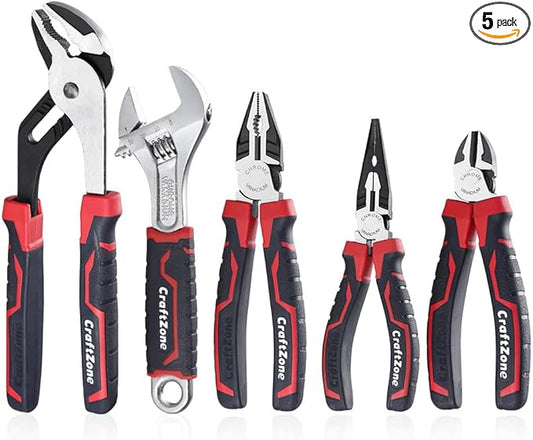 5-Piece Pliers & Wrench Set - Ideal Gift for Mechanics - Construction - Plumbing - Electrical Work - Includes 6" Long Nose & Diagonal Pliers - 8" Adjustable & Combo Wrench - 10" Groove Joint Plier