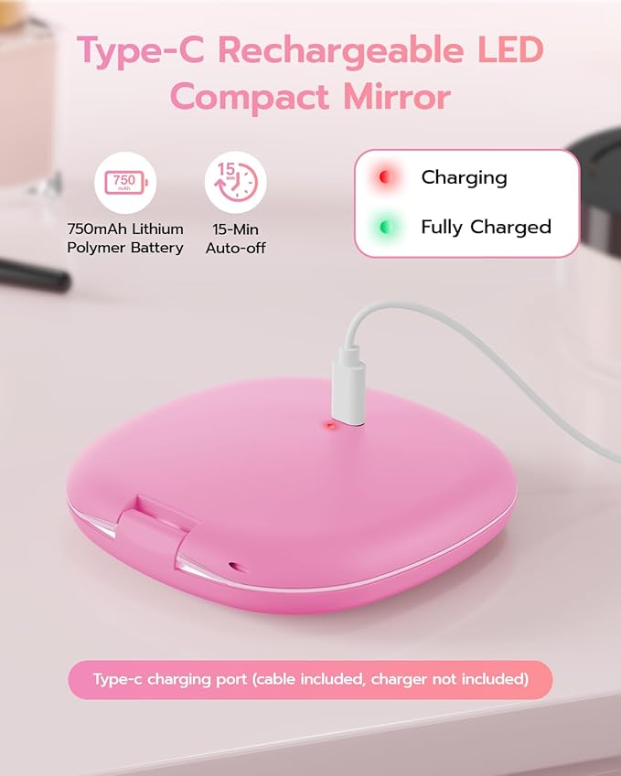 Benbilry 3.9" Rechargeable Compact Makeup Mirror with 3 Light Colors and Magnification 1X / 10X, Double Light Strip Dimmable Small LED Travel Mirror for Purse, Pink