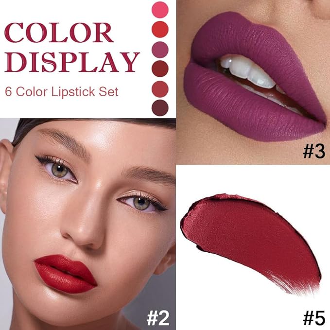 6 Pcs Nude Pink Dark Red Purple Wine Red Plum Matte Lipstick Set for Women Long Lasting Waterproof Moisturizing Lipsticks for Older Women 24 Hours Lip Stick Lip Stain Makeup Gift Kit,Lip Makeup Vegan