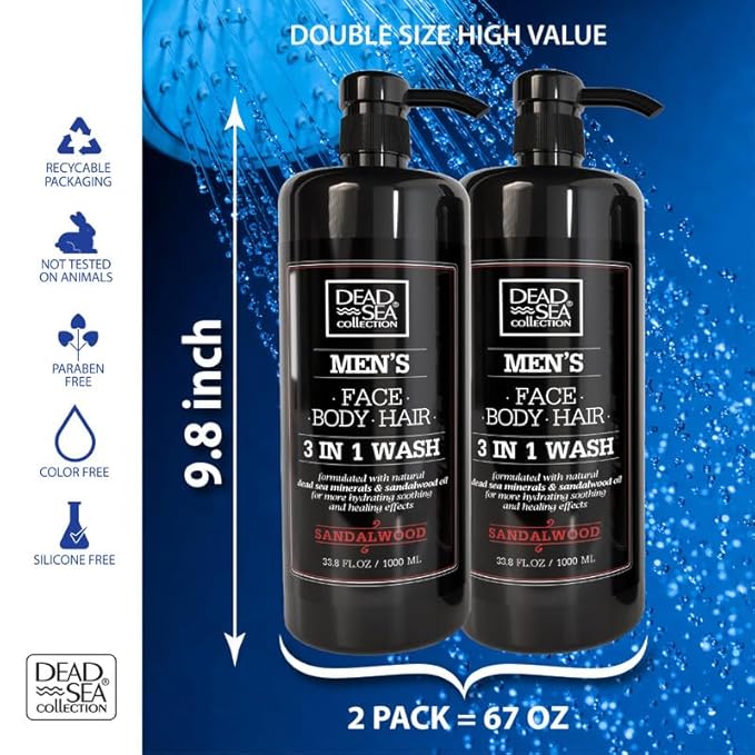 Dead Sea Collection Mens Body Wash 3 in 1 – Sandalwood Body Wash for Men – Shower Gel – Shampoo – Shower Soap for Face and Hair – Pack of 2 Bottles (33.8 Fl. Oz. Each)