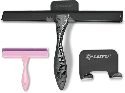 All-Purpose Silicone Shower Squeegee for Shower Glass Door,with 2 Hooks & Pink Mini Squeegee,for Bathroom Glass, Car, Tile Wall, Mirror Cleaning - Easy-Grip Handle 14 Inch Black