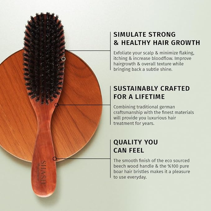 Classic German First Cut 100% Boar Bristle Hair Brush Since 1869 - Conditions Hair, Improves Texture, Exfoliates Scalp