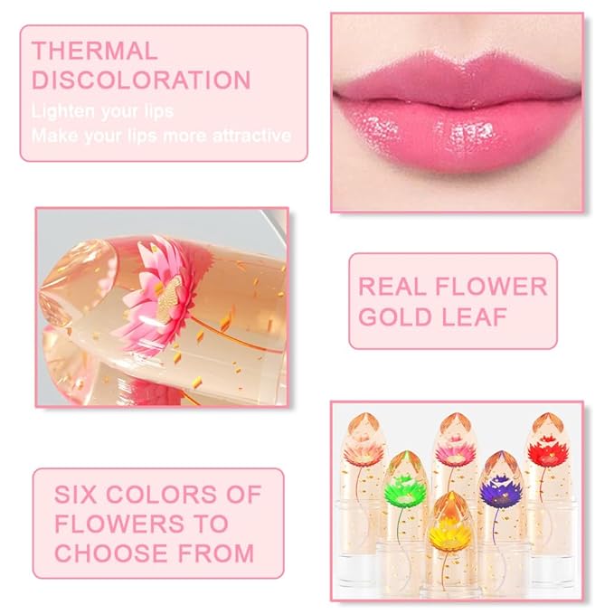 BINGBRUSH Crystal Flower Jelly Color Changing Lipstick,Long Lasting Lip Care Moisturizer Lip Balm Magic Color Change Lip Gloss Lip Tint Stain Matte Makeup Lipstick (05#Green flower)