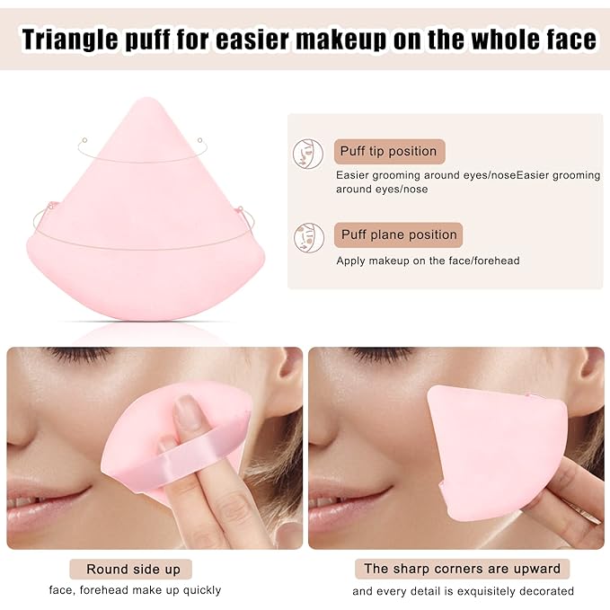 8 Pcs Cotton Powder Puff Face,JASSINS Triangle super soft for Both dry and wet Makeup Setting/Concealer/Loose and Body Powder/Foundation/Blush Makeup Sponge Set (Pink)