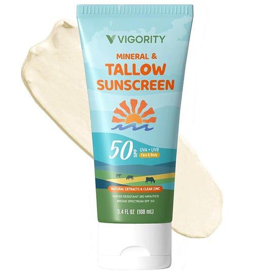 Beef Tallow Sunscreen with Zinc Oxide: Natural Non-Toxic SPF 50 Tallow Sunblock Cream for Face & Body - with 10 Food-Grade Botanical Extracts - Kids & Sensitive Skin Safe, Water-Resistant - 3.4 FL OZ