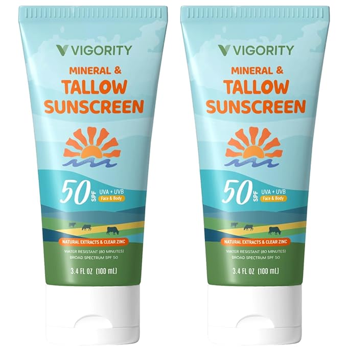 Beef Tallow Sunscreen with Zinc Oxide: Natural Non-Toxic SPF 50 Tallow Sunblock Cream for Face & Body - with 10 Food-Grade Botanical Extracts (SPF 50 (Pack of 2))