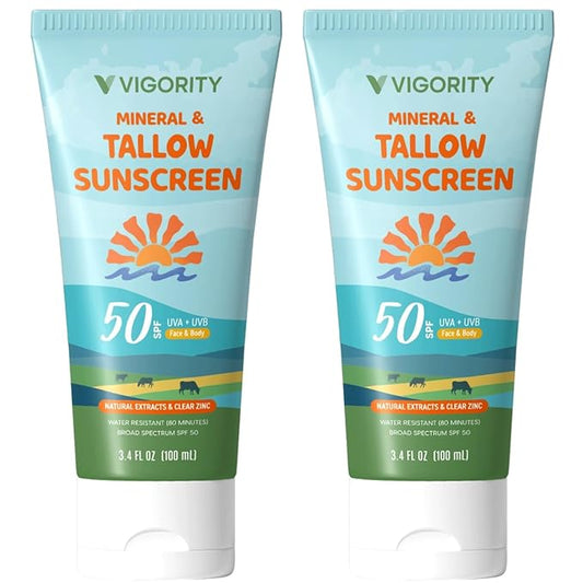Beef Tallow Sunscreen with Zinc Oxide: Natural Non-Toxic SPF 50 Tallow Sunblock Cream for Face & Body - with 10 Food-Grade Botanical Extracts (SPF 50 (Pack of 2))