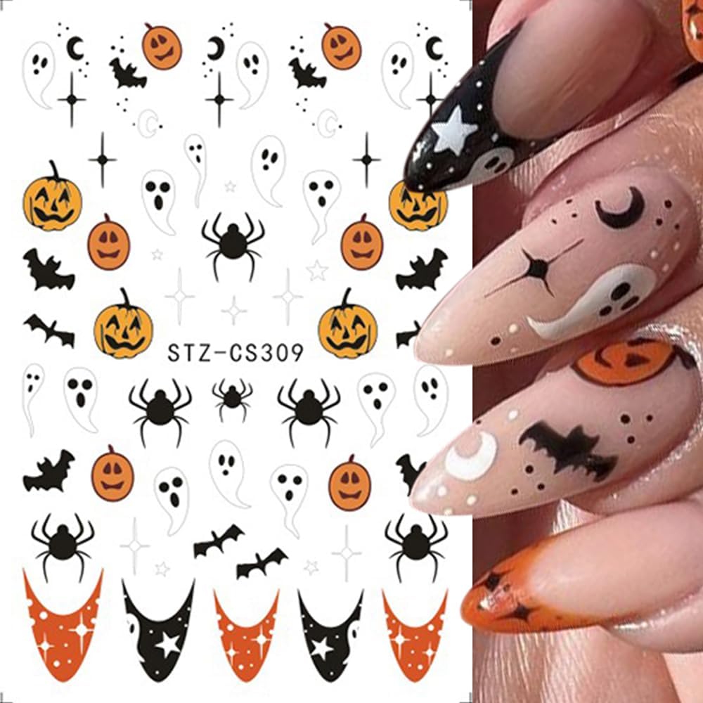 3 Pcs Halloween Nail Art Stickers Decals Cute Ghost Pumpkin 3D Self Adhesive Nail Decals Flower Ghost Nail Design Pumpkin Cats Spider Bats French Manicure Supplies for Women Nail Decor