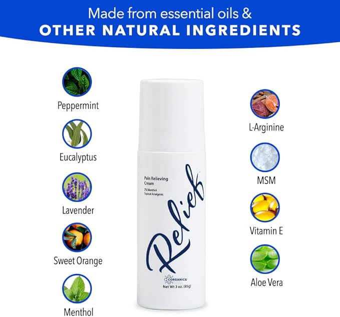 Topical Pain Relief Cream Natural Essential Oil Based Knee Joint Back Leg Feet Foot Hands Arthritis - Roll-on, 3 oz.