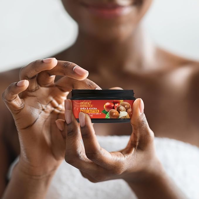 Desert Essence, Shea & Jojoba Body Butter 7.5oz, Hyaluronic Acid & Coffee Oil, Deeply Moisturizing and Nourishing, Antioxidant Rich, Moisture Rich Botanicals Shea Butter & Jojoba Oil