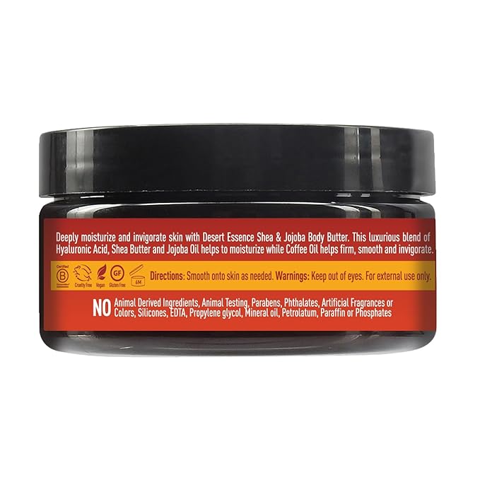 Desert Essence, Shea & Jojoba Body Butter 7.5oz, Hyaluronic Acid & Coffee Oil, Deeply Moisturizing and Nourishing, Antioxidant Rich, Moisture Rich Botanicals Shea Butter & Jojoba Oil