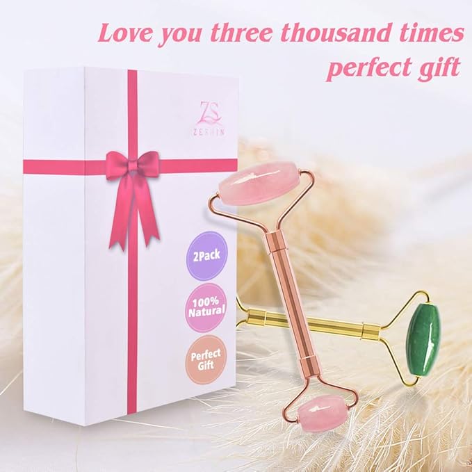 2 Pack Jade Facial Roller & Rose Quartz Face Roller for Wrinkles and Puffiness, Natural Jade Stone Face Massager Roller
