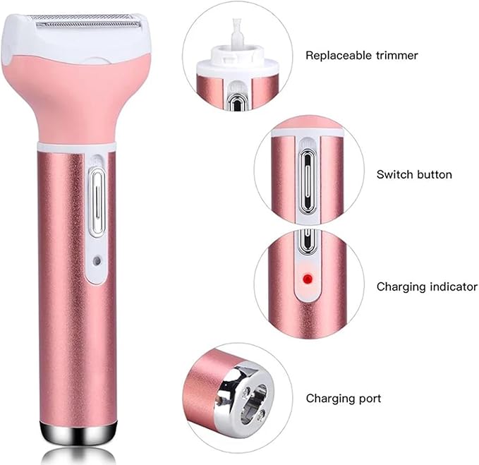 4-in-1 Electric Razor for Women - Painless Facial Hair Removal, Bikini Trimmer, Eyebrow & Body Groomer - Rechargeable Hair Clippers Set for Underarms, Legs & Nose