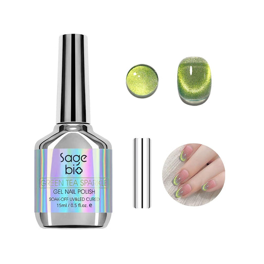 Cat Eye Gel Nail Polish with Magnet Stick, 15ml Glitter Holographic Nail Polish, Magnetic Effect Gel for Home DIY Manicure Gift, Jelly Green