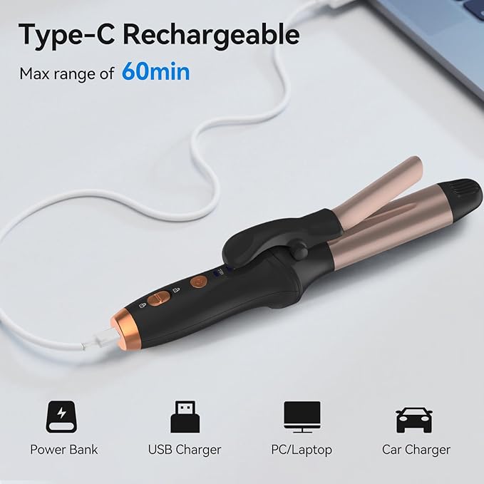 Cordless Curling Iron Hair Curler: Mini USB Rechargeable 4000 mAh 3 Temp Setting Travel Portable Hair Curler with 200 Million Negative Ion Cordless Curling Iron