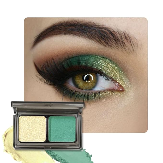 2 Color Shimmer & Matte Eyeshadow Palette Makeup, Gold Shimmer & Emerald Green Matte Shades eye shadow for Womam Halloween Birthday Party Wear, Vegan & Cruelty-Free