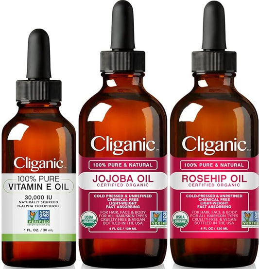 Cliganic Face Oil Trio: Vitamin E, Jojoba, Rosehip Oil