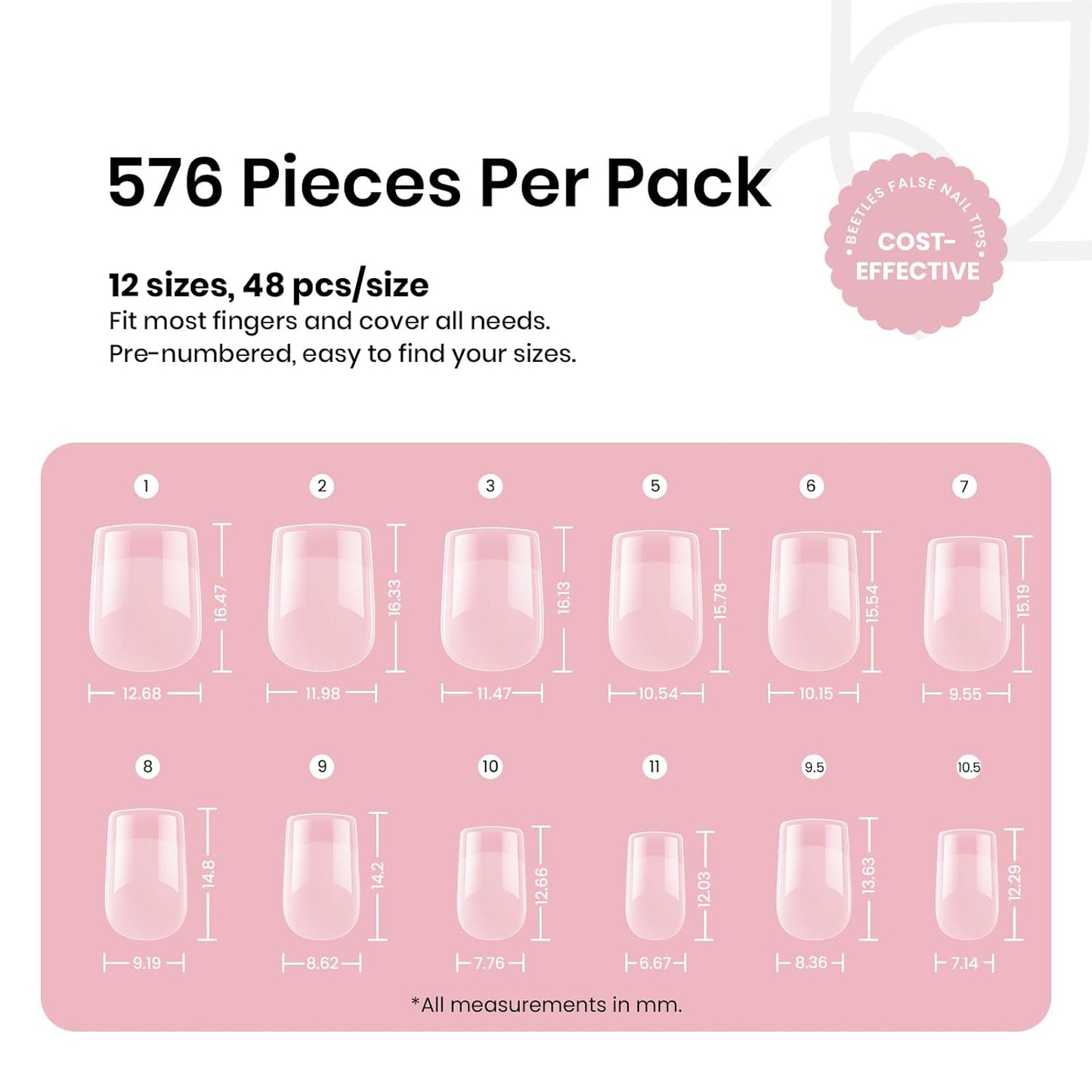 Beetles Short Square Nail Tips: 576PCS 12 Sizes XS Short Square Half Matte Clear False Acrylic Press on Nails Tips Pre-shape Full Cover Nail Tips Nail Extension DIY