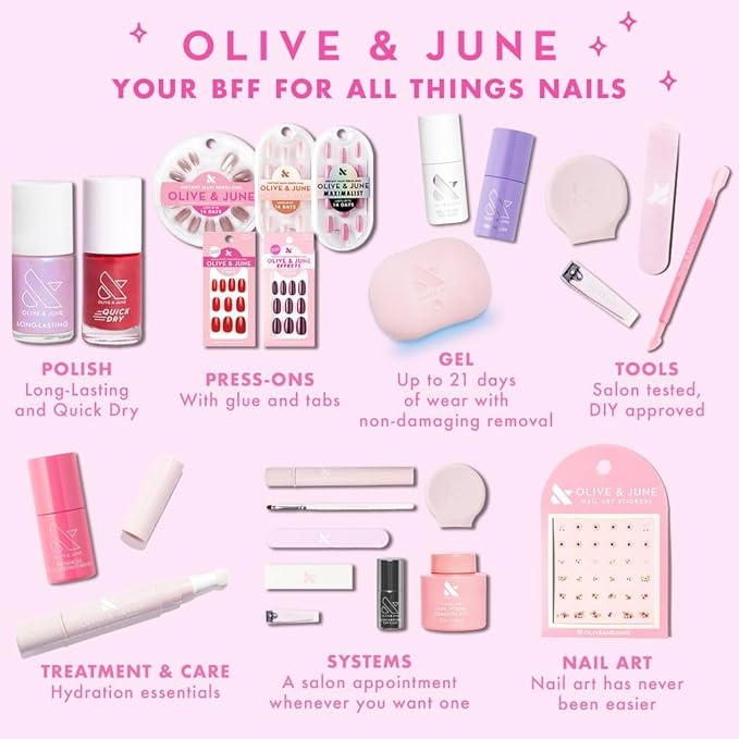 Olive & June Bestsellers Gel Polish Set | UV LED Nail Lamp Needed | Includes 6 Shades (HD, KMC, Pink Goldfish, Icing Is The Best Part, Prom, XOXO) + Gel Top Coat & Base Coat & Peel-Off Base HEMA-Free
