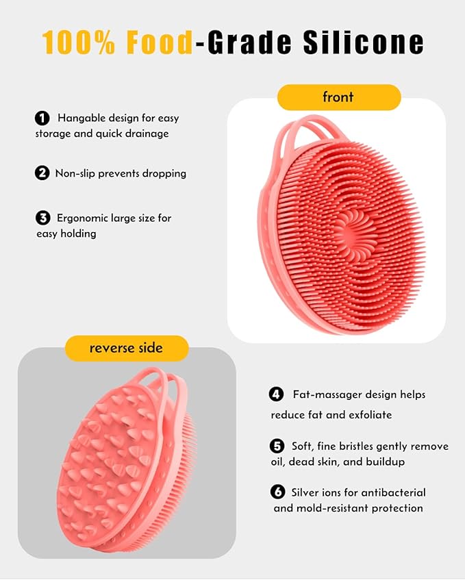 2 in 1 Silicone Body Scrubber, Anti Cellulite Massage Scrubber, Exfoliating Shower Brush for Men & Women, Removes Dead Skin, Reduces Cellulite, Improves Circulation, Fast Dry, Non Slip (1PC, Pink)