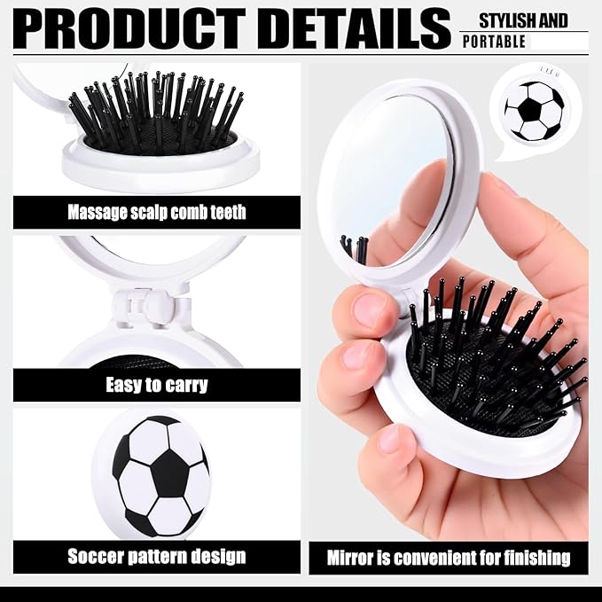 12 Set Soccer Party Favors Soccer Mini Detangler Mirror Brush With Ribbons, Mini Travel Hair Brush, No Tangle Soft Flexible Bristles for Teen Girls Soccer Team Gifts Sport Birthday Party favors