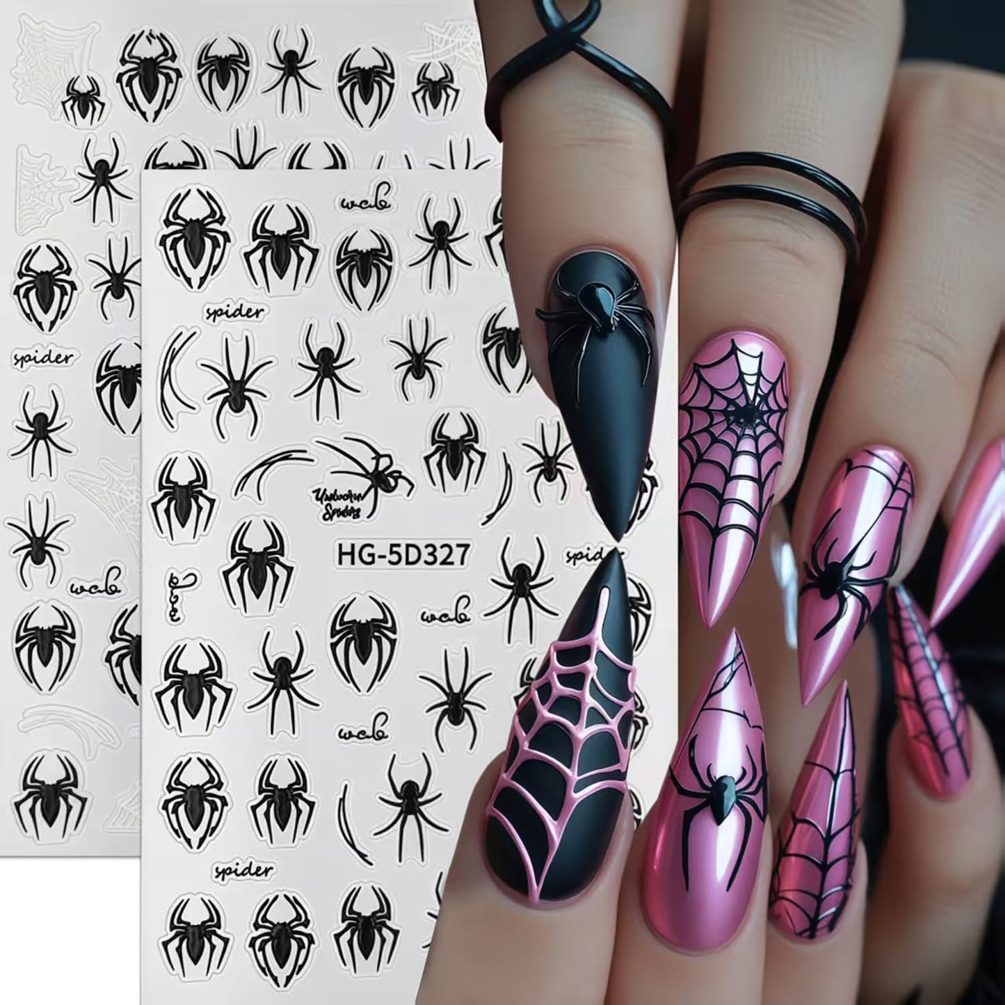 8 Sheets Halloween Nail Art Stickers Spider Nail Decals 3D Self-Adhesive Black and White Spider Web Spiders Nail Sticker Halloween Holiday DIY Salon Manicure Decoration Stickers for Women