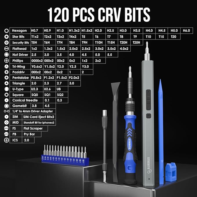 STREBITO Mini Electric Screwdriver, 144-Piece Electric Precision Screwdriver Set Small Power Screwdriver Cordless Rechargeable, Electronic Repair Tool Kit for PC, Computer, Laptop, Phone, RC Drone