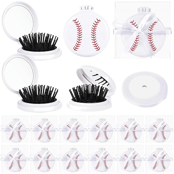 12 Set Baseball Gifts for Team Mini Hair Brush with Ribbons Baseball Hair Accessories, Soft Flexible Mini Travel Hair Brush for Girls Baseball Party Favors