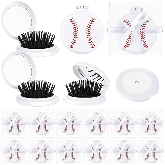 12 Set Baseball Gifts for Team Mini Hair Brush with Ribbons Baseball Hair Accessories, Soft Flexible Mini Travel Hair Brush for Girls Baseball Party Favors