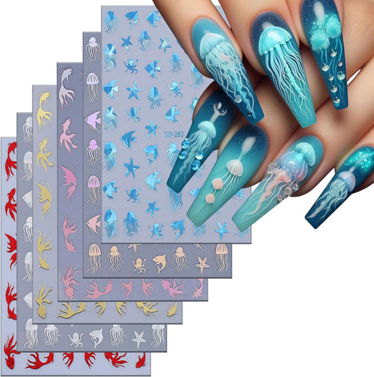 6 Sheets Ocean Animals Nail Art Stickers 3D Self -Adhesive Starfish Jellyfish Nail Decals Holographic Cute Koi Fish Octopus Nail Stickers Summer Nail Decoration for Women Manicure Supplies