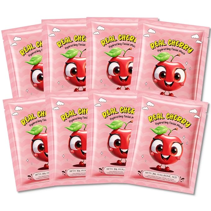 8 Pack Cherry Kids Face Mask,Pink Face Masks Skincare Spa Day Kit Supplies,Spa Party Favors for Teens Girls Women,Sheet Facial Mask Skincare Gifts Set,Moisturize Soothe for All Skin Types
