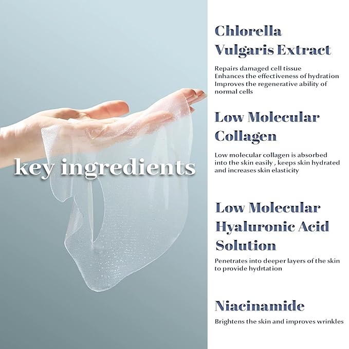 Chlorella Deep Hydrating Mask, with Collagen and Hyaluroic Acid-Sheet Facial Mask Skincare with Chorella Vulgaris Extract, Hydrating, Firming,5ea