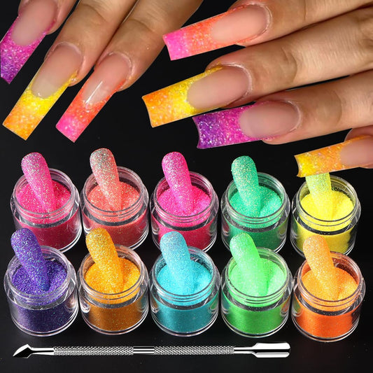 10 Bottle Shimmer Sugar Glitter Powder for Nails,Colorful Candy Coat Effect Iridescent Nail Dipping Powder Pigment, Fluorescent Chrome Dust and Stainless Steel Cuticle Pusher for DIY Manicure Decor