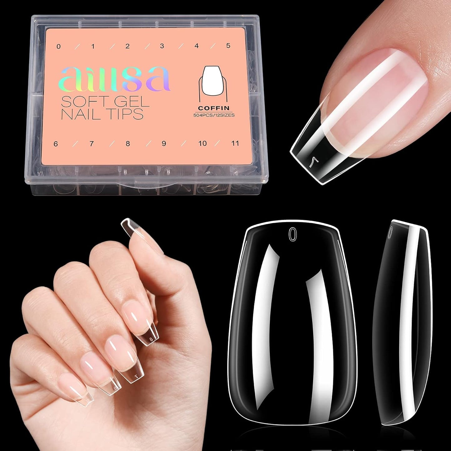 AILLSA Clear Coffin Nail Tips 504pcs Short Gel Nails Tips Soft Full Cover False Nail Tip Pre-shaped Press on Nails Tip for Extensions Gel DIY Salon Art 12 Sizes