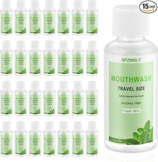 15 Pc Travel Size Mouthwash, 1.2oz/35ml Mini Mouthwash, Alcohol-Free, Portable Oral Rinse for Travel, Hotels, On-The-Go (Mint)