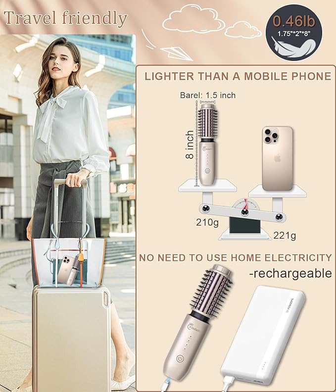 Cordless Hair Curling Iron Brush, 1.5" Mini Cordless Hair Curler, 3-in-1 Travel Curling Brush Hair Straightener Comb Rechargeable, 7000mAh Portable Ionic Heated Curling, Gold