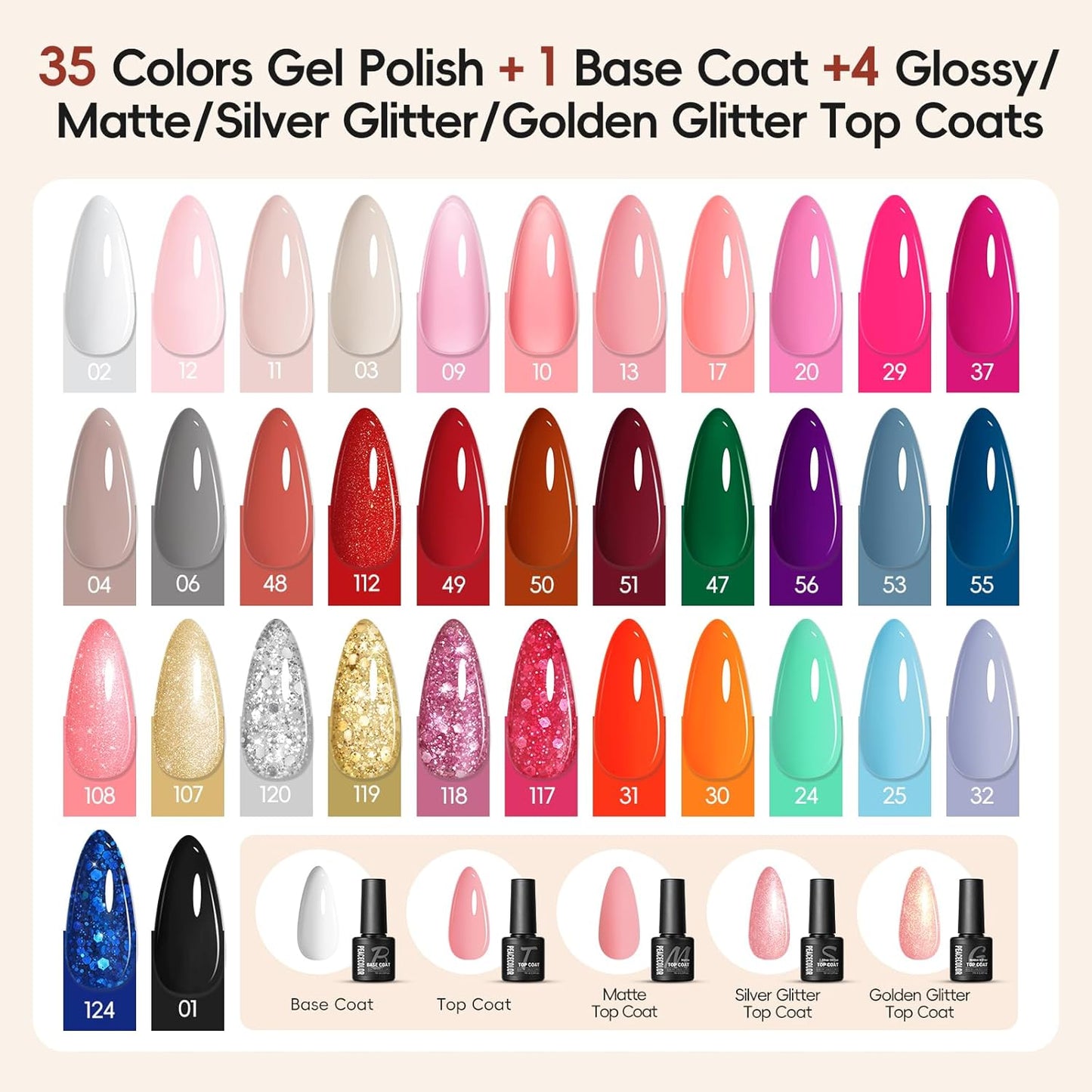Peacecolor 59PCs Gel Nail Polish Kit with U V Light and Drill 35 Colors Gel Polish Kit with 5PC Matte/Glossy/Glitter Top Base Coat Nail Art Rhinestone Stickers Manicure Kit Gifts for Women