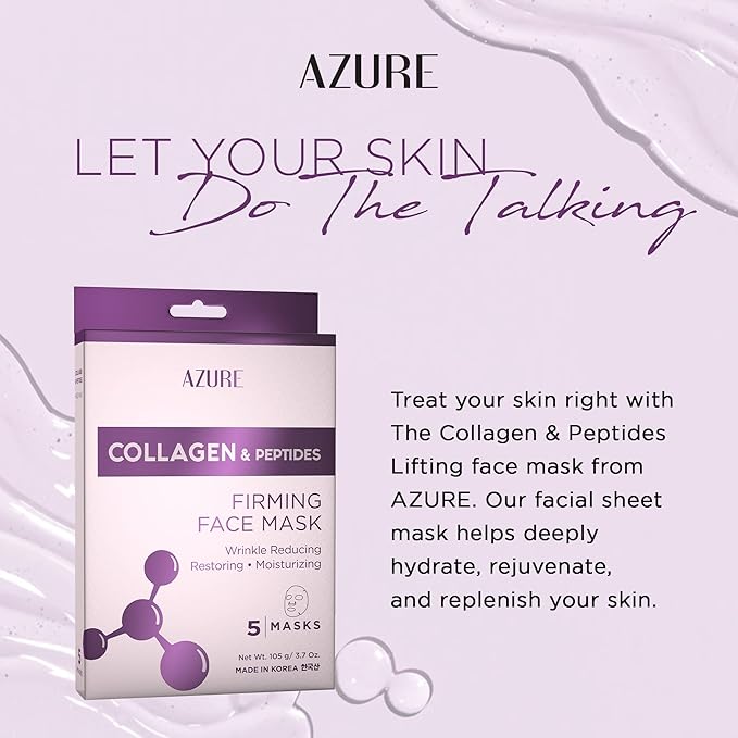 Azure Cosmetics Collagen & Peptides Lifting Facial Sheet - Restoring, Smoothing & Moisturizing Face Mask - Helps Reduce Fine Lines & Wrinkles, Smooths & Repairs - Skin Care Made in Korea - Pack of 5