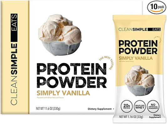 Clean Simple Eats Whey Protein Powder, Simply Vanilla Flavor Naturally Sweetened, 100% Grass Fed Protein Powder with Digestive Enzymes & No Artificial Ingredients, Gluten Free, 10 Stick Packs