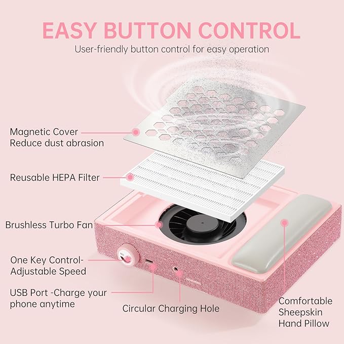 Cordless Nail Dust Collector,Brushless Turbo Fan Dust Collector Nail Tech 30pcs Cotton Filter,Rechargeable Dust Suction Machine for Acrylic Gel Polish Manicure at Salon&Home