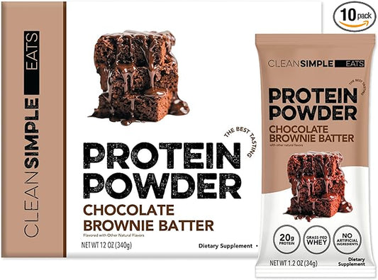 Clean Simple Eats Whey Protein Powder, Chocolate Brownie Batter Flavor, Naturally Sweetened, 100% Grass Fed Protein Powder, Digestive Enzymes & No Artificial Ingredients, Gluten Free, 10 Stick Packs