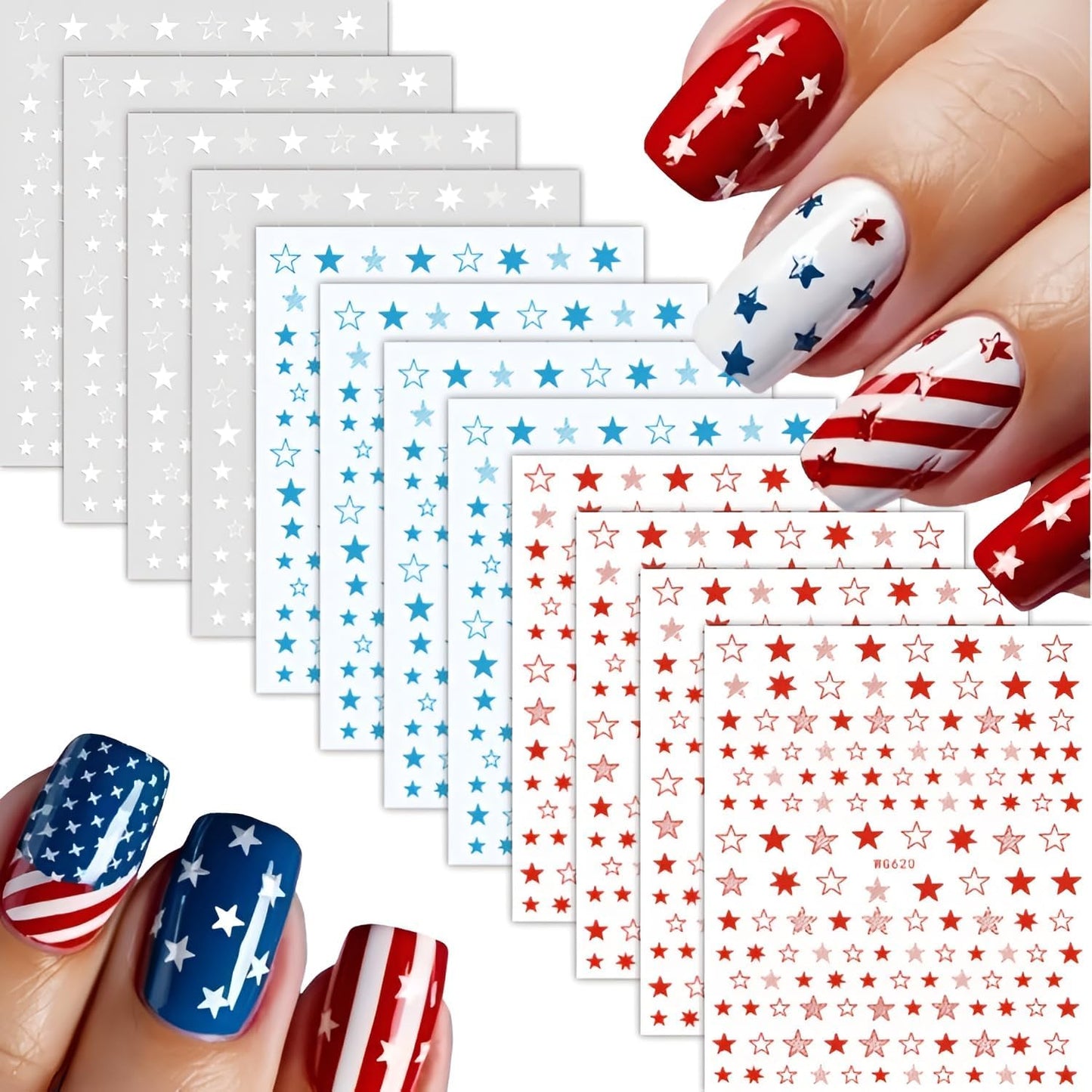 12 Sheets White Blue Red Star Nail Art Stickers 3D Self Adhesive 4th of July Nail Stickers for Nail Art Independence Day Nail Decals Star Nail Supplies Design for DIY Acrylic Nails for Women Girls