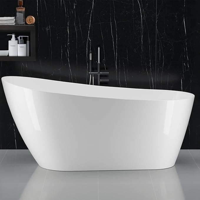59 Inch Acrylic Freestanding Bathtub - Modern Stand Alone Tub with Chrome Drain, Deep Soaking for Relaxation & Style,Allure White