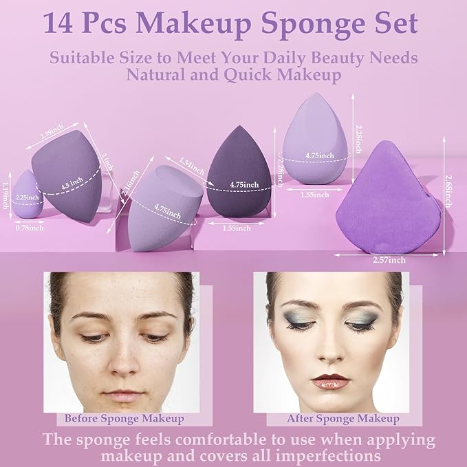 14 Pcs Makeup Sponge Set, Beauty Sponges Blender with 4 Pcs Powder Puff and 4 Pcs Mini Make up Sponges for Liquid,Foundation,Powder,Concealer,Cream (Purple)